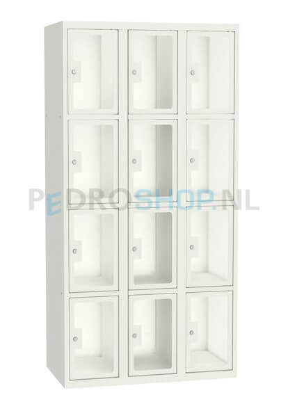 SQ Classic lockerkast, 3-koloms, 12-deurs, transparant venster, wit, h180*b90*d50 cm