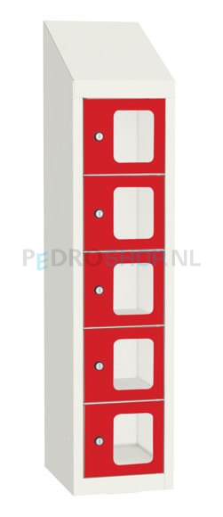 SQ Classic kantine locker, 1-koloms, 5-deurs, transparant venster, rood