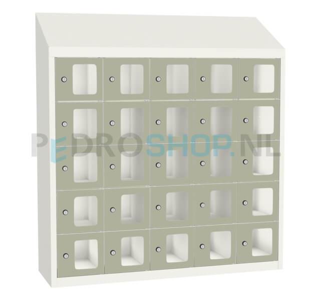 SQ Classic kantine locker, 5-koloms, 25-deurs, transparant venster, kiezelgrijs